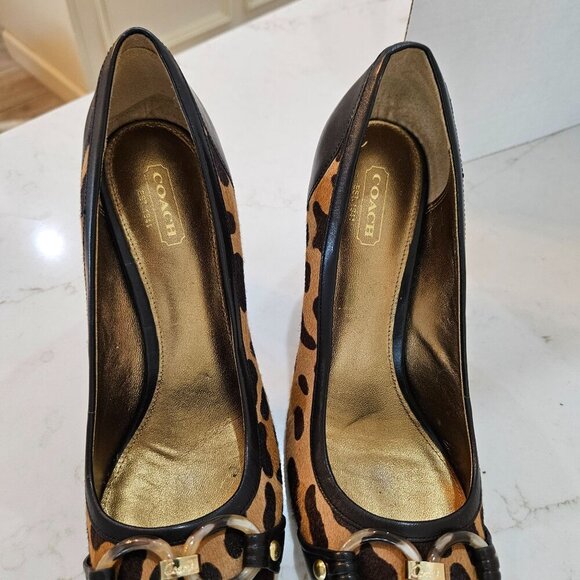 SOLD DO NOT BUY Calf Hair Black Leather Heels Sz 9.5 B Gold Detail Mob Wife - Picture 6 of 12